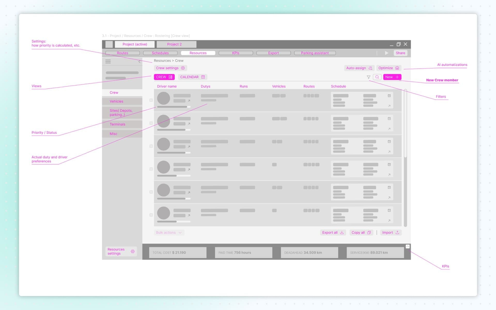 Low-fidelity wirefames Resources management - crew