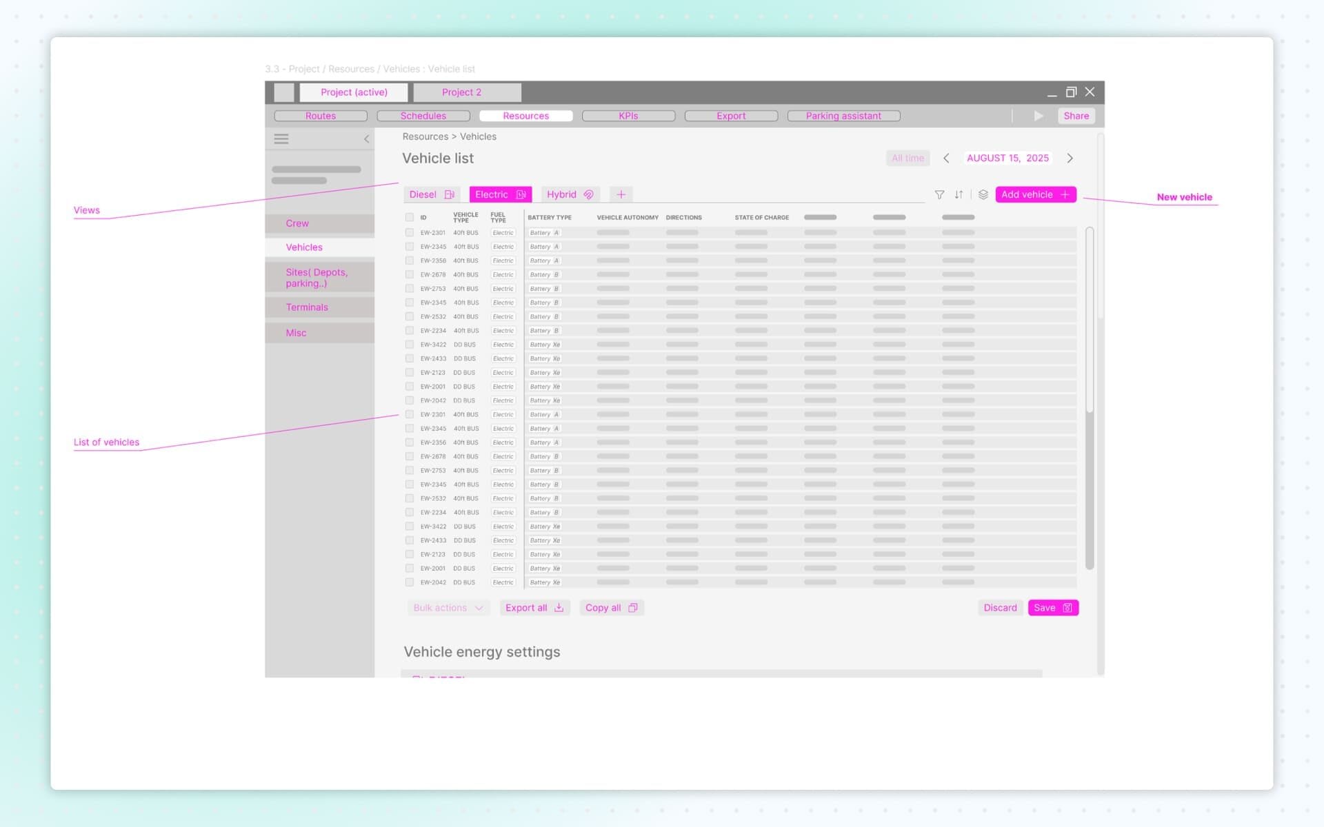 Low-fidelity wirefames Resources management - vehicles