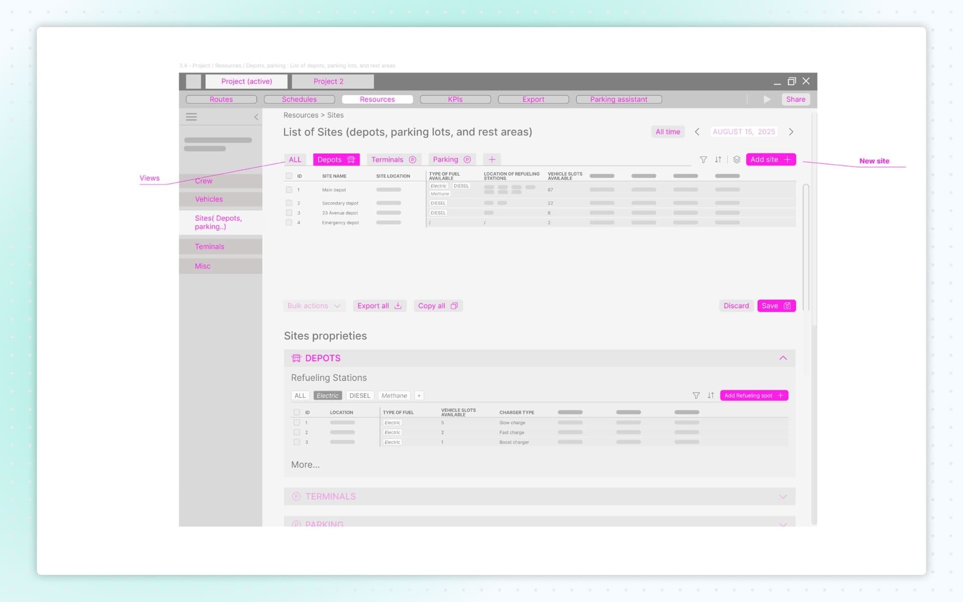 Low-fidelity wirefames resources management - Bus sites