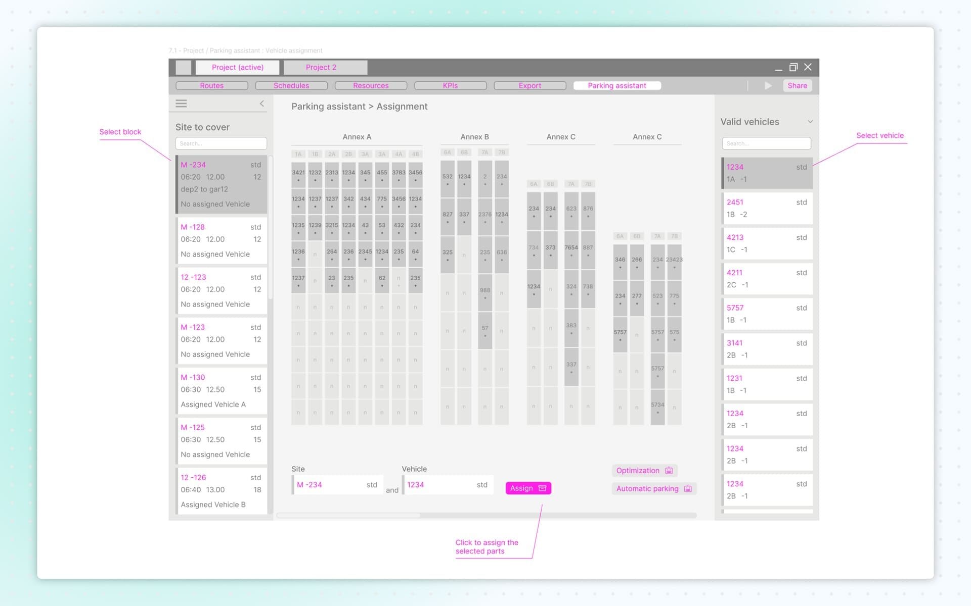 Low-fidelity wirefames parking assistant