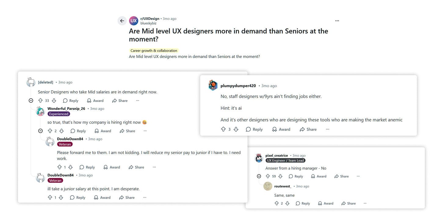 Reddit screenshot on the design industry job market in 2025–2026