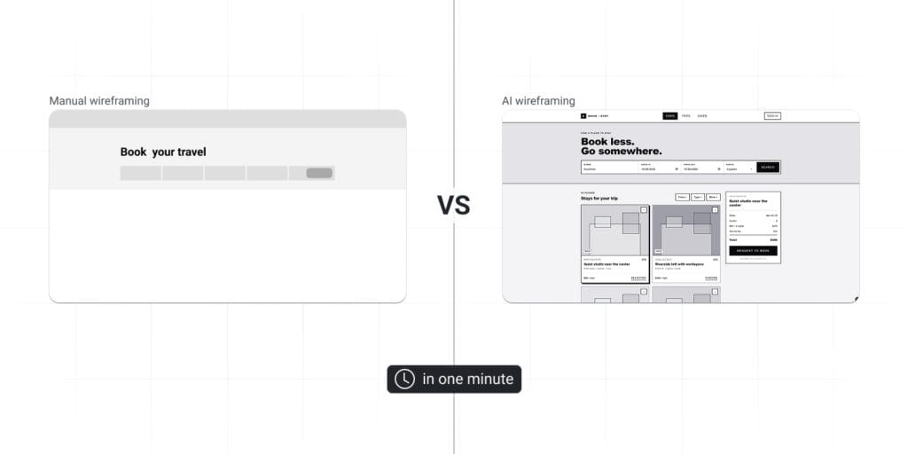 Figma AI workflow: blank canvas next to wireframes generated with First Draft