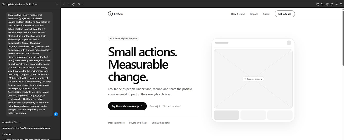 Figma First Draft prompt used for the EcoStar wireframes
