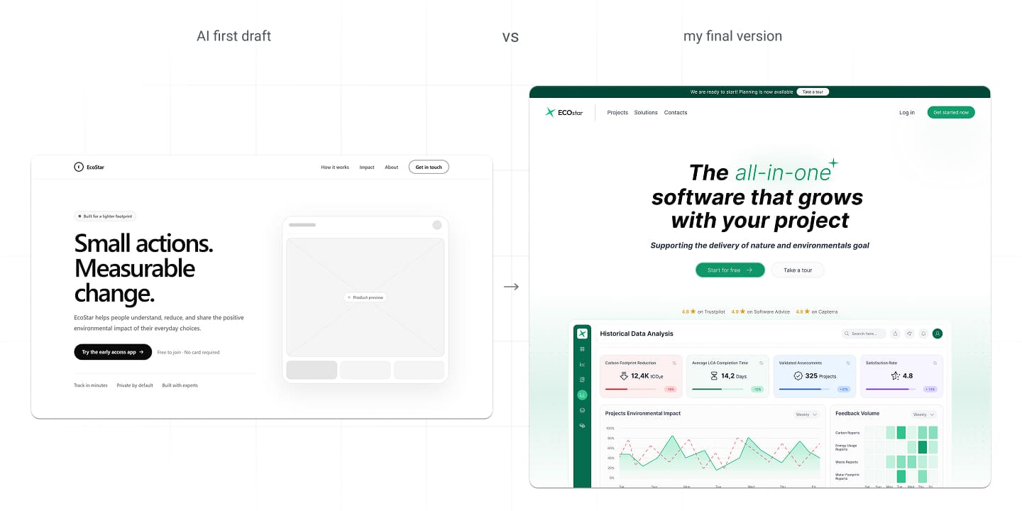 EcoStar homepage wireframe: AI first draft vs. my revised version