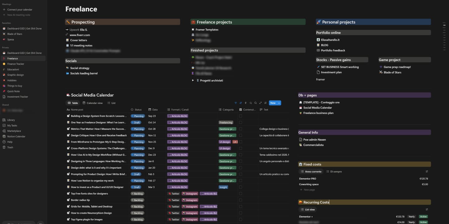 Notion project tracker used to manage freelance UI/UX design projects